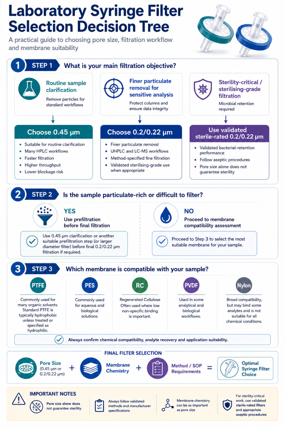 Laboratory syringe filter selection decision tree showing pore size selection, membrane choice, sterilising-grade filtration requirements and analytical workflow guidance.